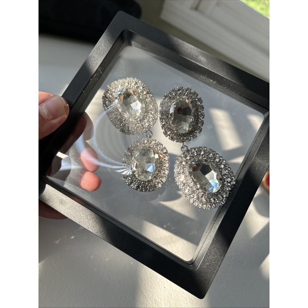 Pageant Prom Earrings Large Rhinestone Crystal Silver Clear Lot Drag Chandelier - Picture 7 of 13